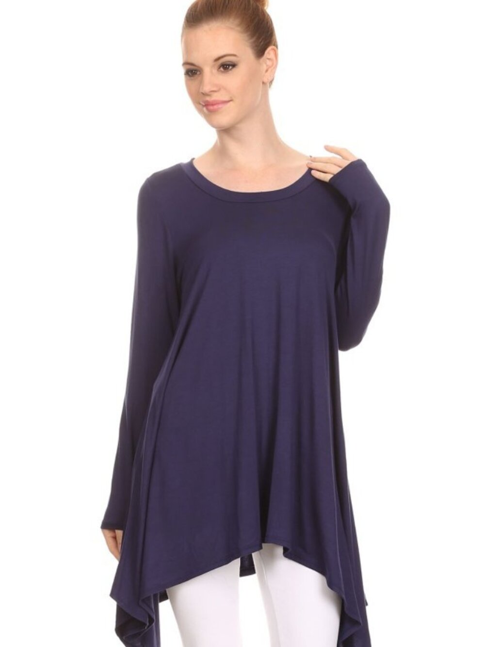 Solid Long Sleeve Relaxed Fit Round Neck Tunic - Navy